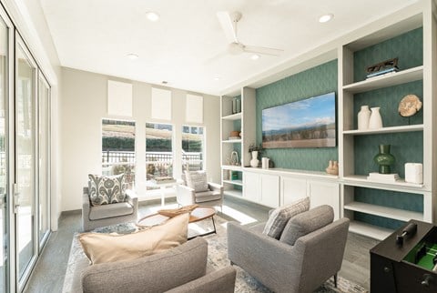 a living room with a couch and chairs and a television at WildForest Apartments, Birmingham, Alabama