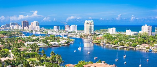 View of Fort Lauderdale, Florida, USA skyline over Barrier Island to illustrate the cost of living in Fort Lauderdale.